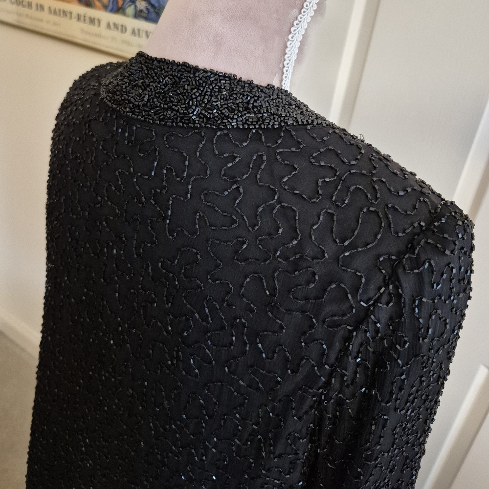 Laurence Kazar Elegant Black Beaded 100% Silk Jacket Blazer Size Medium - Picture 7 of 12
